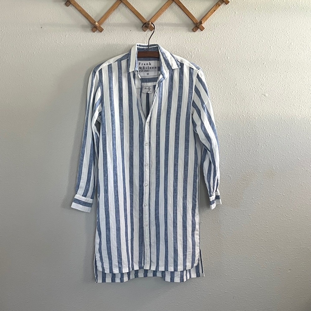 Frank & Eileen Hunter Step Hem Linen Shirt Dress XXS Blue